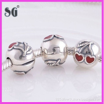 Round shape cherry pattern european stopper clip beads with nice red enamel
